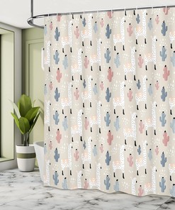 South American Llama Cactus Shower Curtain, Hand Drawn Elements Pattern Cloth Fabric Bathroom Decor, Home Decor Eggshell Blue