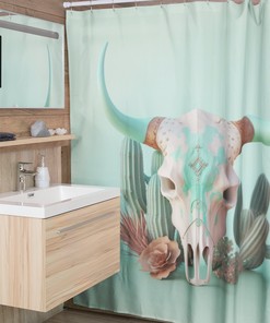 Southwest Cow Skull Boho Shower Curtain, Steer Skull and Pastel Green Nature Print Bathroom Gift