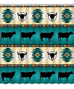 Southwest Navajo Cow Aztec Ethnic Pattern Shower Curtain, Tribal Bathroom Decor