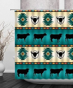 Southwest Navajo Cow Aztec Ethnic Pattern Shower Curtain, Tribal Bathroom Decor