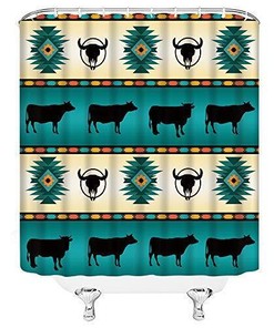 Southwest Navajo Cow Aztec Ethnic Pattern Shower Curtain, Tribal Bathroom Decor