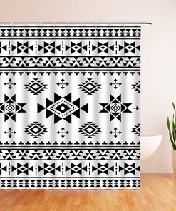 Southwest Retro Aztec Geometric Shower Curtain, Native American Navajo Vintage Bathroom Decor