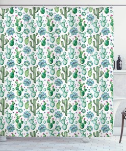 Southwestern Cactus Shower Curtain, Cacti Pattern Llama Animal Modern Colored Image Print for Bathroom Decor, Multicolor White