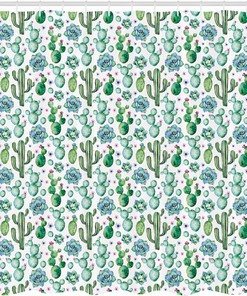 Southwestern Cactus Shower Curtain, Cacti Pattern Llama Animal Modern Colored Image Print for Bathroom Decor, Multicolor White