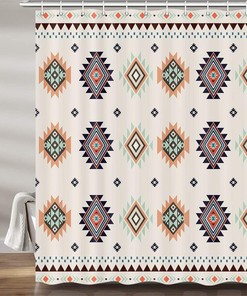 Southwestern Fabric Shower Curtain - Beige Tribal Vintage Pattern for Bathroom Decor