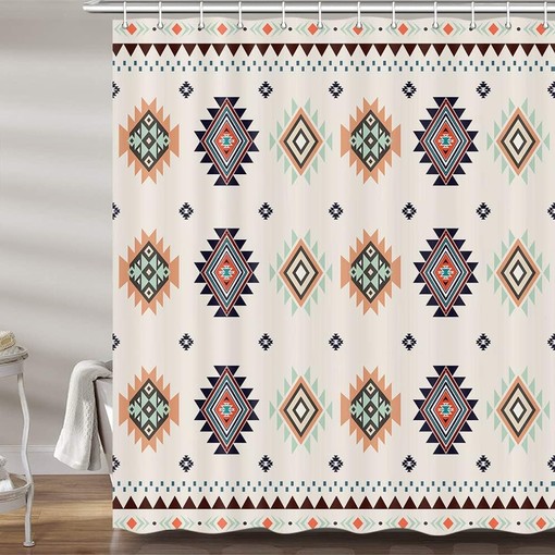Southwestern Fabric Shower Curtain - Beige Tribal Vintage Pattern for Bathroom Decor