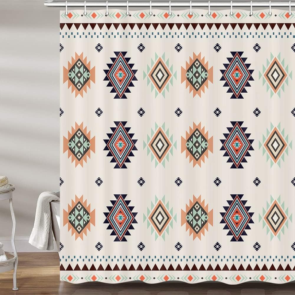 Southwestern Fabric Shower Curtain - Beige Tribal Vintage Pattern for Bathroom Decor