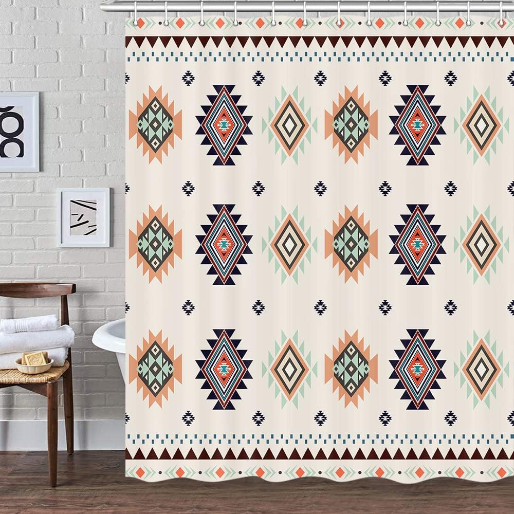 Southwestern Fabric Shower Curtain - Beige Tribal Vintage Pattern for Bathroom Decor