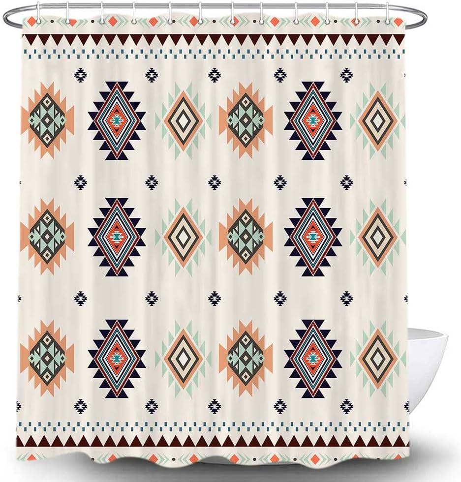 Southwestern Fabric Shower Curtain - Beige Tribal Vintage Pattern for Bathroom Decor