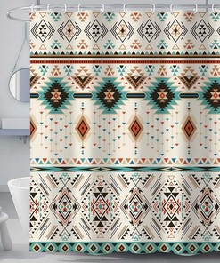 Southwestern Navajo American Ethnic Triangular Geometric Shower Curtain, Boho Bathroom Decor
