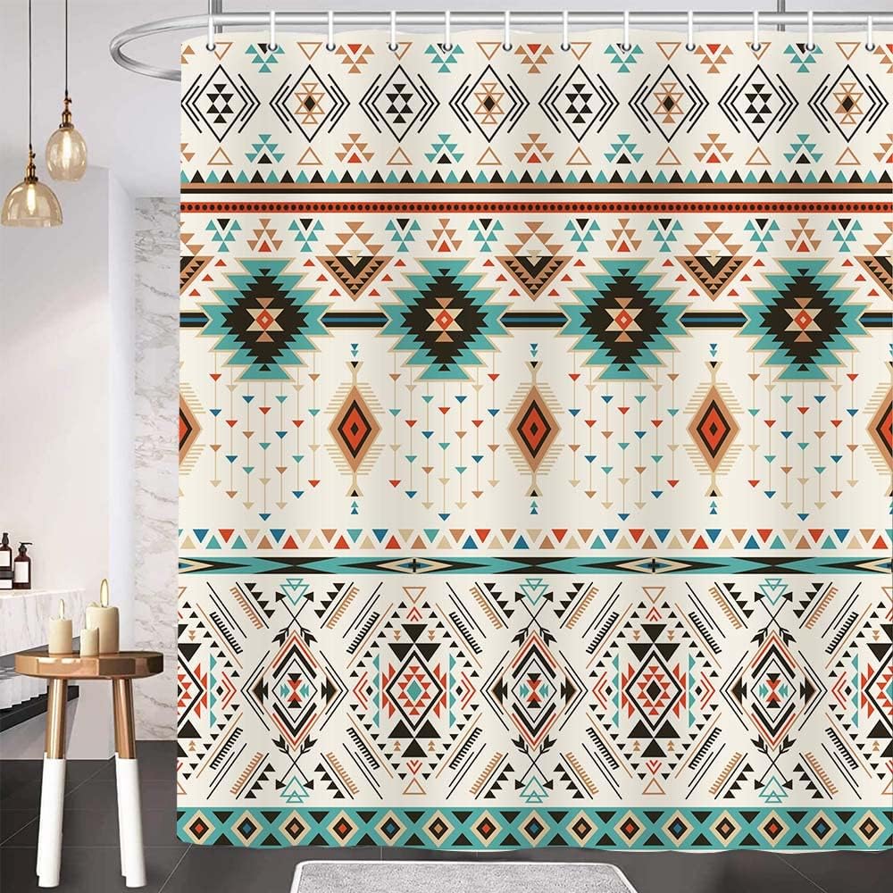 Southwestern Navajo American Ethnic Triangular Geometric Shower Curtain, Boho Bathroom Decor