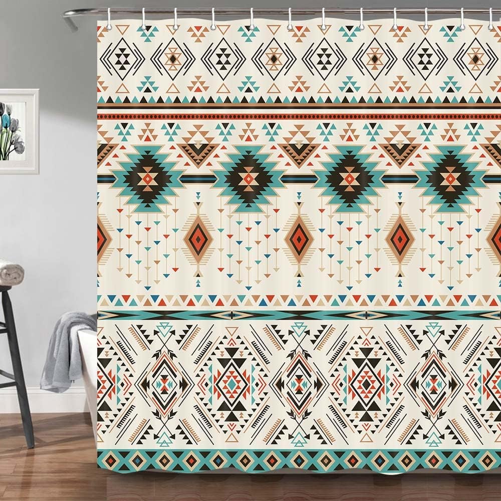 Southwestern Navajo American Ethnic Triangular Geometric Shower Curtain, Boho Bathroom Decor