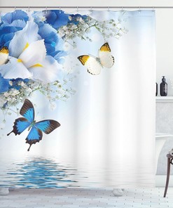 Spa Art Floral Shower Curtain with Wild Flowers and Butterflies for Bathroom and Home Decor