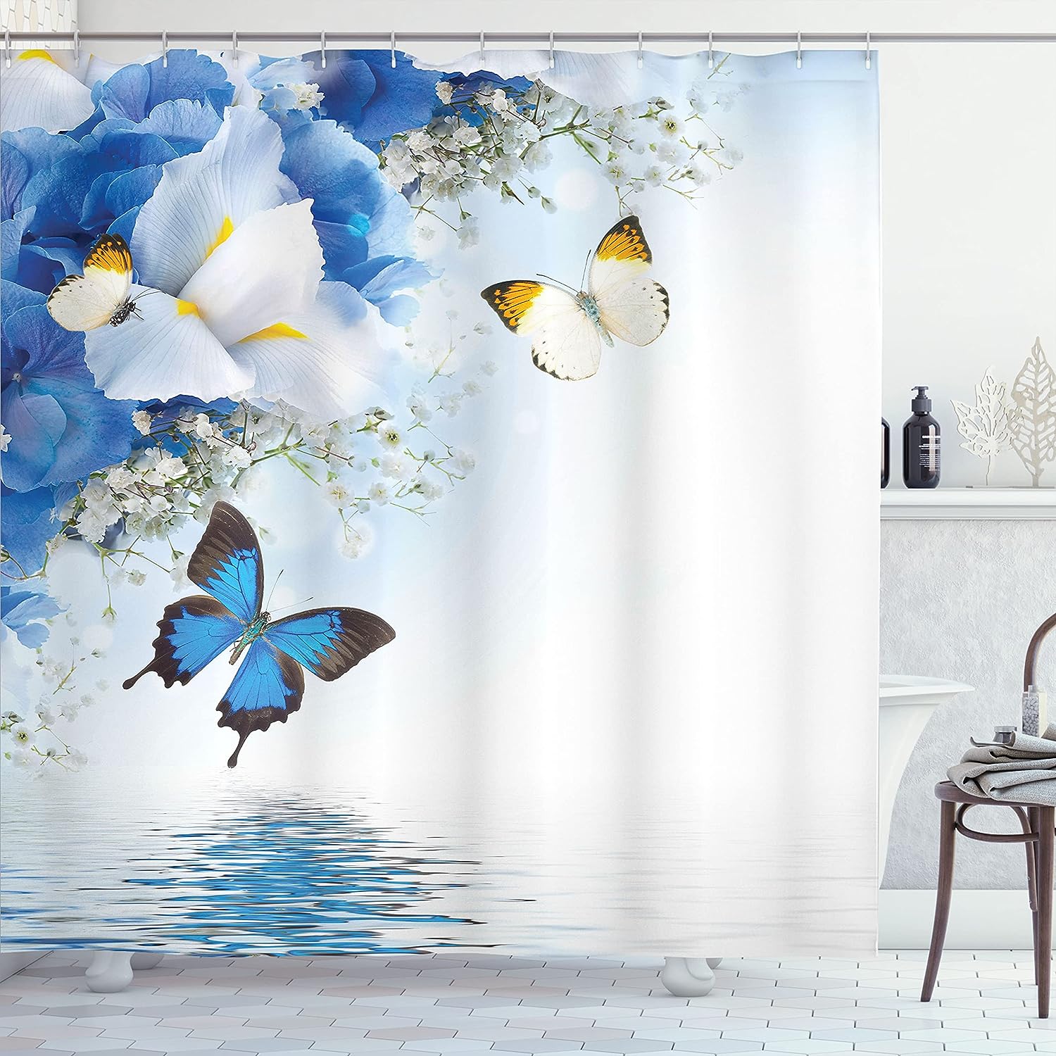 Spa Art Floral Shower Curtain with Wild Flowers and Butterflies for Bathroom and Home Decor