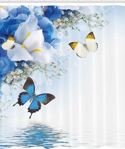 Spa Art Floral Shower Curtain with Wild Flowers and Butterflies for Bathroom and Home Decor
