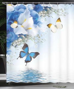 Spa Art Floral Shower Curtain with Wild Flowers and Butterflies for Bathroom and Home Decor