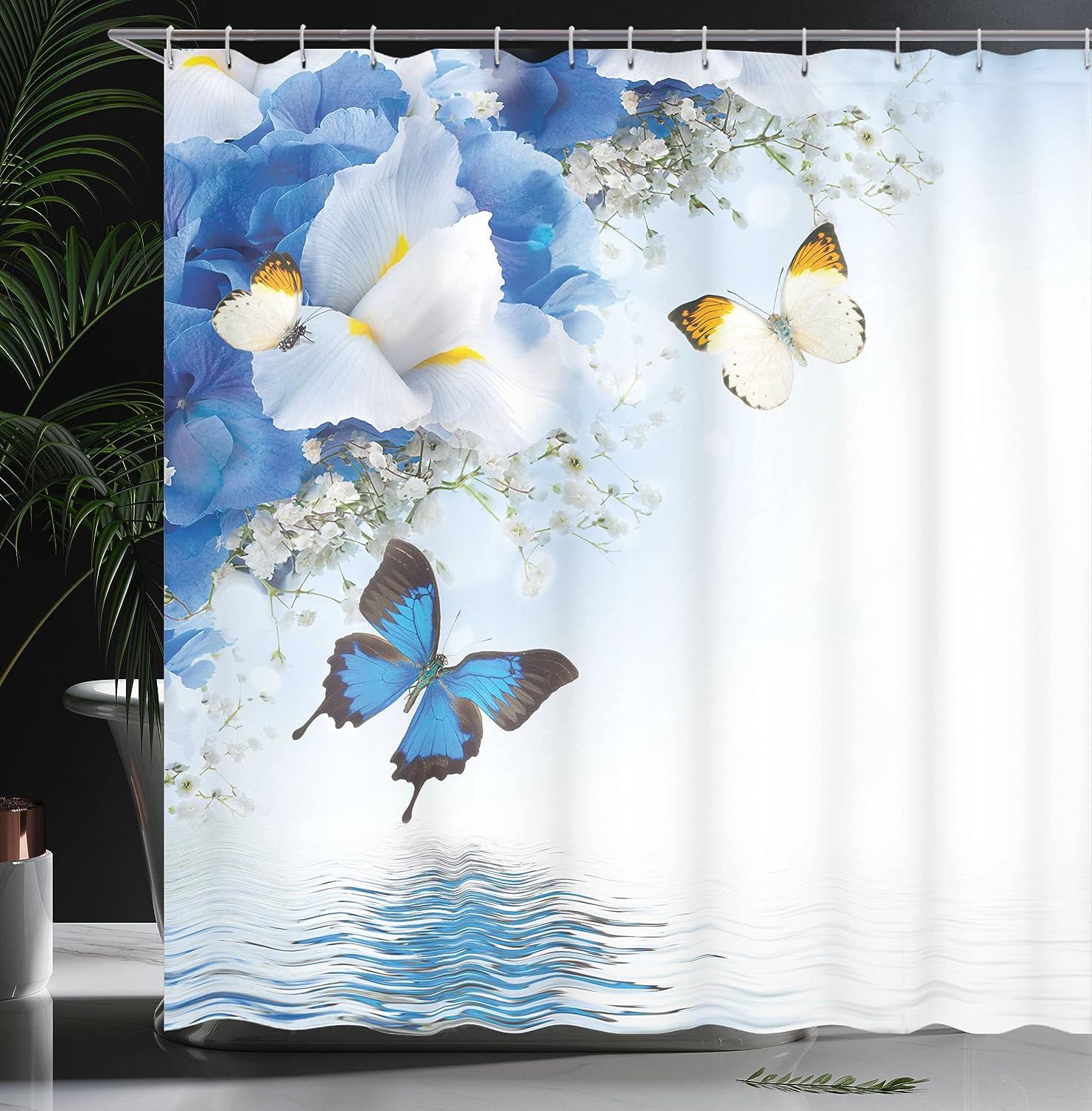 Spa Art Floral Shower Curtain with Wild Flowers and Butterflies for Bathroom and Home Decor