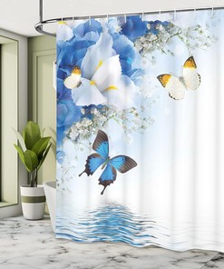 Spa Art Floral Shower Curtain with Wild Flowers and Butterflies for Bathroom and Home Decor
