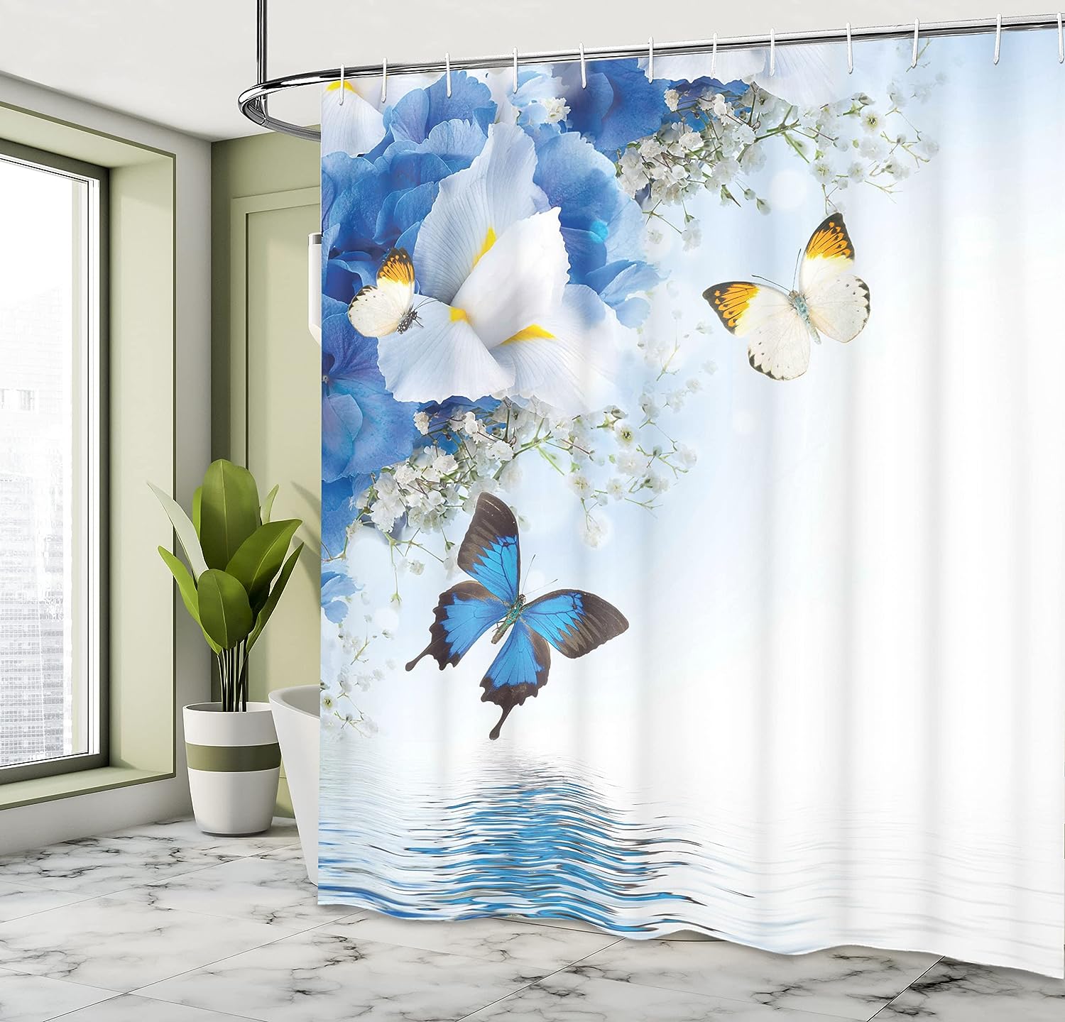 Spa Art Floral Shower Curtain with Wild Flowers and Butterflies for Bathroom and Home Decor