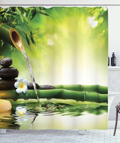Spa Relaxation Shower Curtain, Bathroom Decor with Bamboo and Candle Art