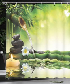 Spa Relaxation Shower Curtain, Bathroom Decor with Bamboo and Candle Art