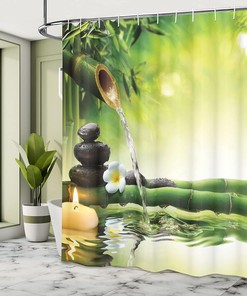Spa Relaxation Shower Curtain, Bathroom Decor with Bamboo and Candle Art