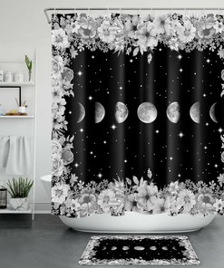 Space Black White Moon Stars Shower Curtain Bathroom Decor 