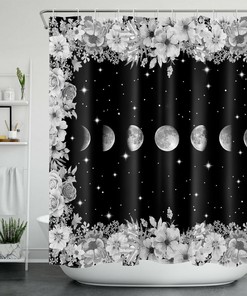 Space Black White Moon Stars Shower Curtain Bathroom Decor