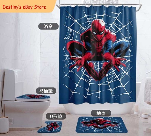 Spiderman Blue Bathroom Shower Curtain with Foot Mat - Kids and Bathroom Decor