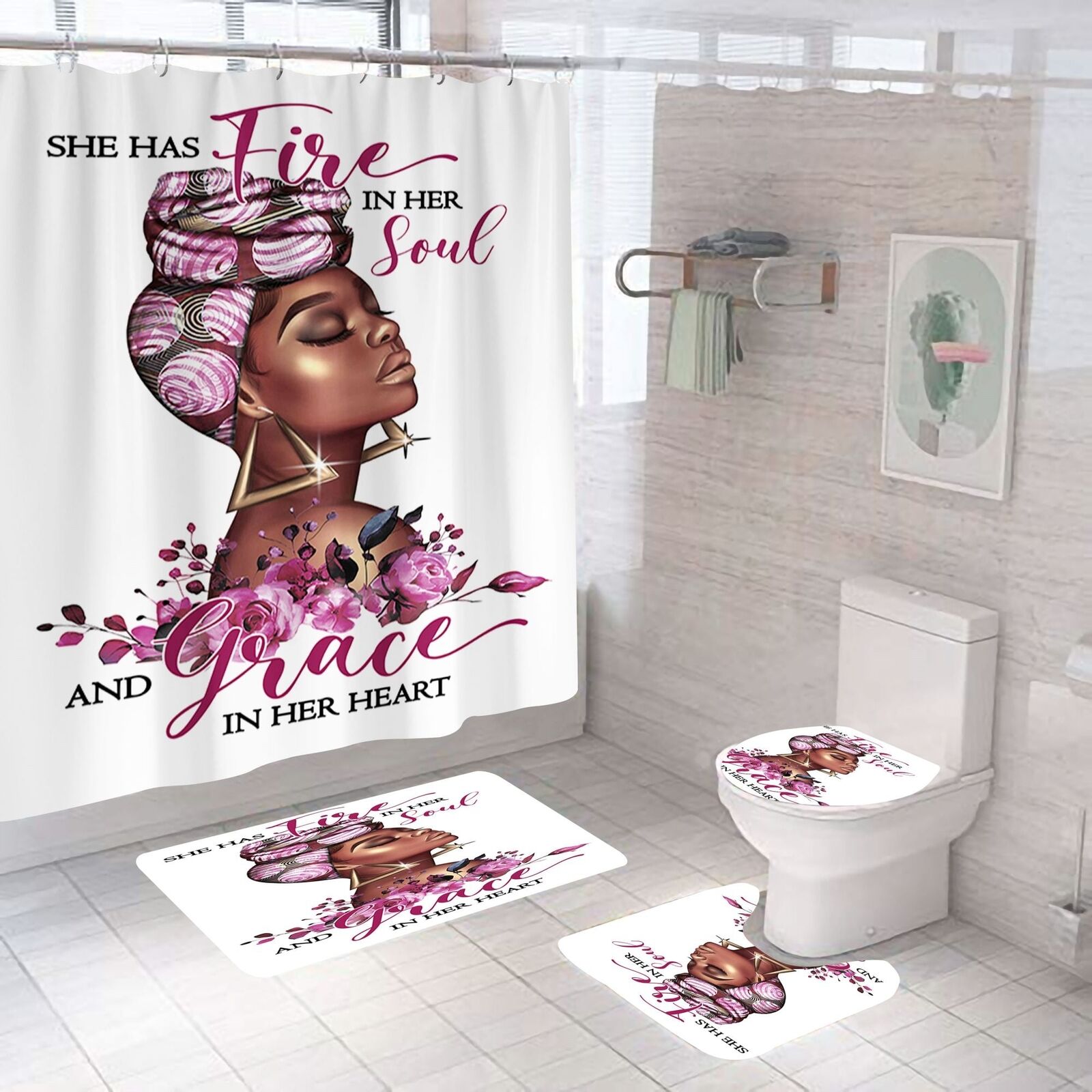 Spirit Goddess African American Shower Curtain - 4 Piece Set for Bathroom Decor