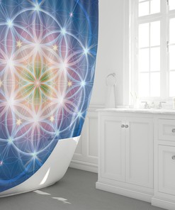 Spiritual Shower Curtain - Blue Sacred Geometry Flower of Life Yellow Aqua Shower Curtain