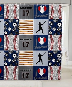 Sports Ball Heart Stripes Print Shower Curtain for Baseball Plaid Bathroom Decor 