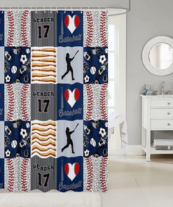 Sports Ball Heart Stripes Print Shower Curtain for Baseball Plaid Bathroom Decor