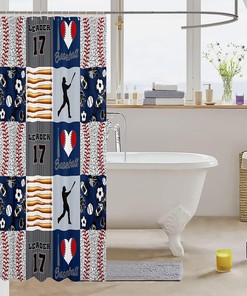 Sports Ball Heart Stripes Print Shower Curtain for Baseball Plaid Bathroom Decor 