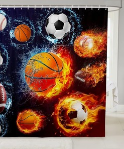 Sports Print Shower Curtain - Featuring Various Balls Including Basketball, Football, and Baseball