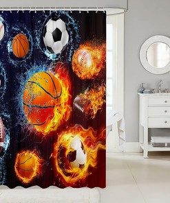Sports Print Shower Curtain - Featuring Various Balls Including Basketball, Football, and Baseball