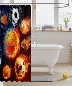Sports Print Shower Curtain - Featuring Various Balls Including Basketball, Football, and Baseball