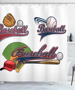 Sports Print Shower Curtain with Mitt, Ball & Bat Accents for Home Decor