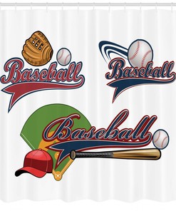 Sports Print Shower Curtain with Mitt, Ball & Bat Accents for Home Decor