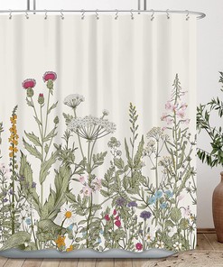 Spring Flower Garden Herbs Shower Curtain with Botanical Floral Design for Bathroom Decor