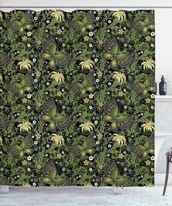 Spring Ornaments Shower Curtain, Butterflies Blossoms Leaves Cloth Bathroom Decor, Yellow Black Green
