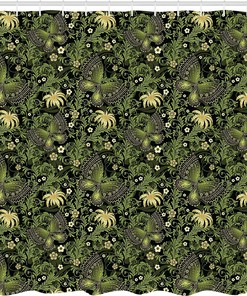 Spring Ornaments Shower Curtain, Butterflies Blossoms Leaves Cloth Bathroom Decor, Yellow Black Green