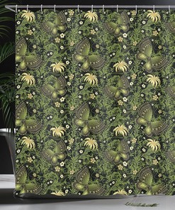 Spring Ornaments Shower Curtain, Butterflies Blossoms Leaves Cloth Bathroom Decor, Yellow Black Green