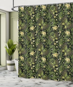 Spring Ornaments Shower Curtain, Butterflies Blossoms Leaves Cloth Bathroom Decor, Yellow Black Green