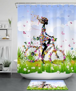 Spring flower and butterfly Shower Curtain with Bike Girl Theme for a Fresh Bathroom Look