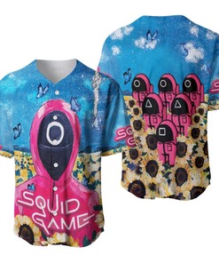Squid Game Pink Guards Sunflowers Circle Logo Squid Game Workers Squid Game Soldiers Gift For Squid Game Fans Baseball Jersey