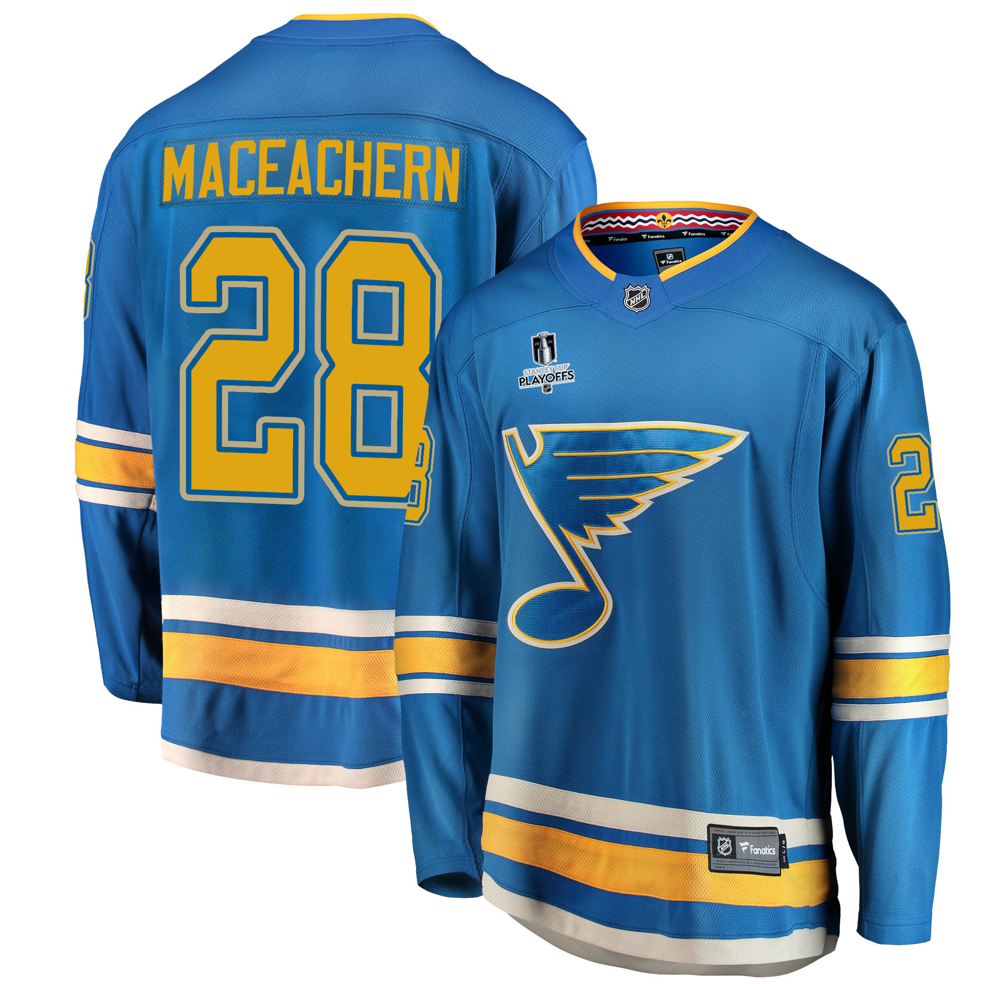 St. Louis Blues Mackenzie MacEachern 28 Alternate 2022 Stanley Cup Playoffs Breakaway Men Jersey - Blue