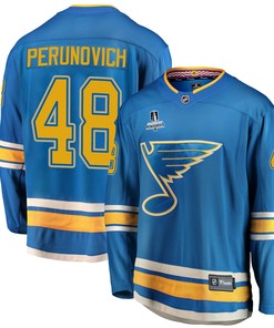 St. Louis Blues Scott Perunovich 48 Alternate 2022 Stanley Cup Playoffs Breakaway Men Jersey - Blue