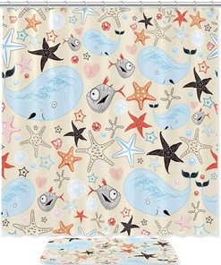 Star Fish Whale Waterproof Fabric Shower Curtain for Bathroom - Nautical Bathroom Curtain
