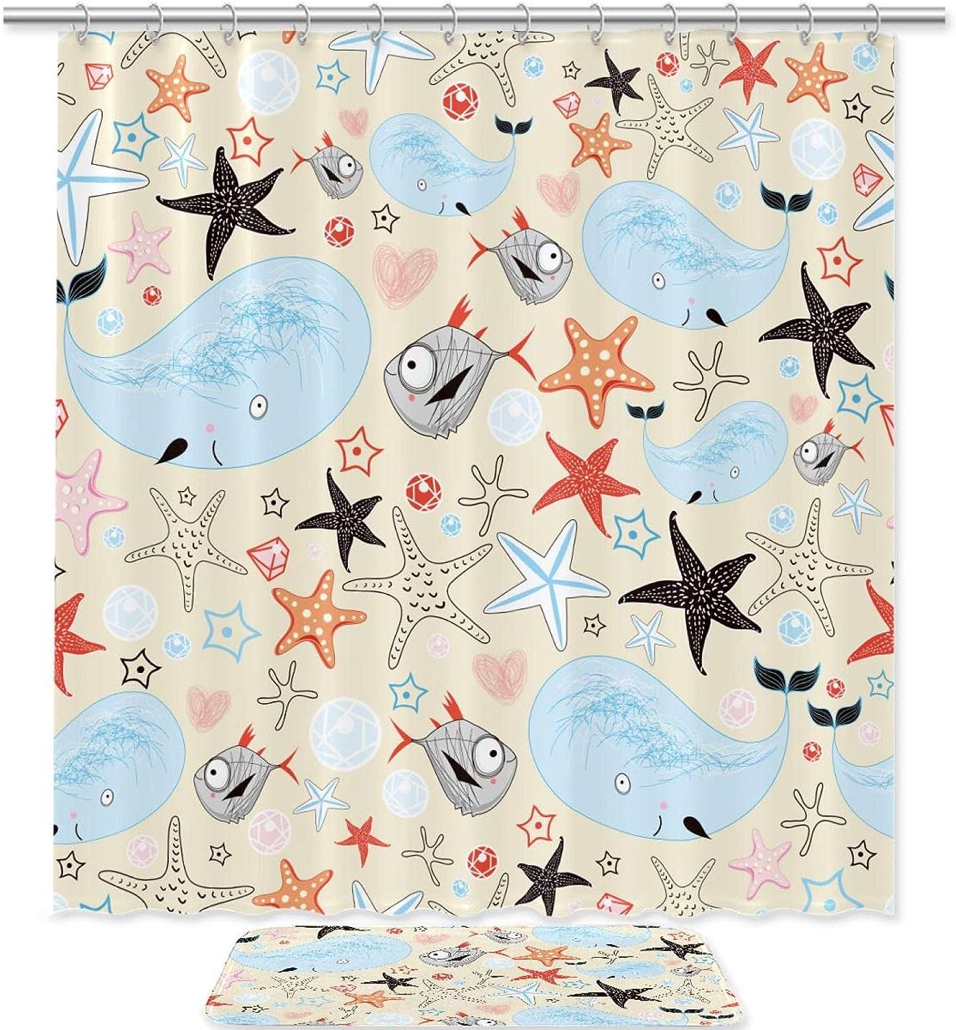 Star Fish Whale Waterproof Fabric Shower Curtain for Bathroom - Nautical Bathroom Curtain